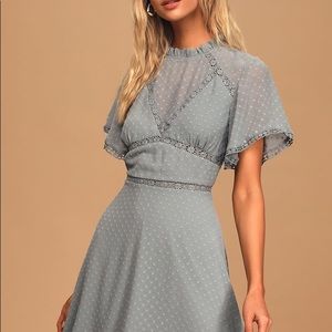 Lulu’s Fairy Tale Romance Dusty Blue Swiss Dot Backless Mini Dress